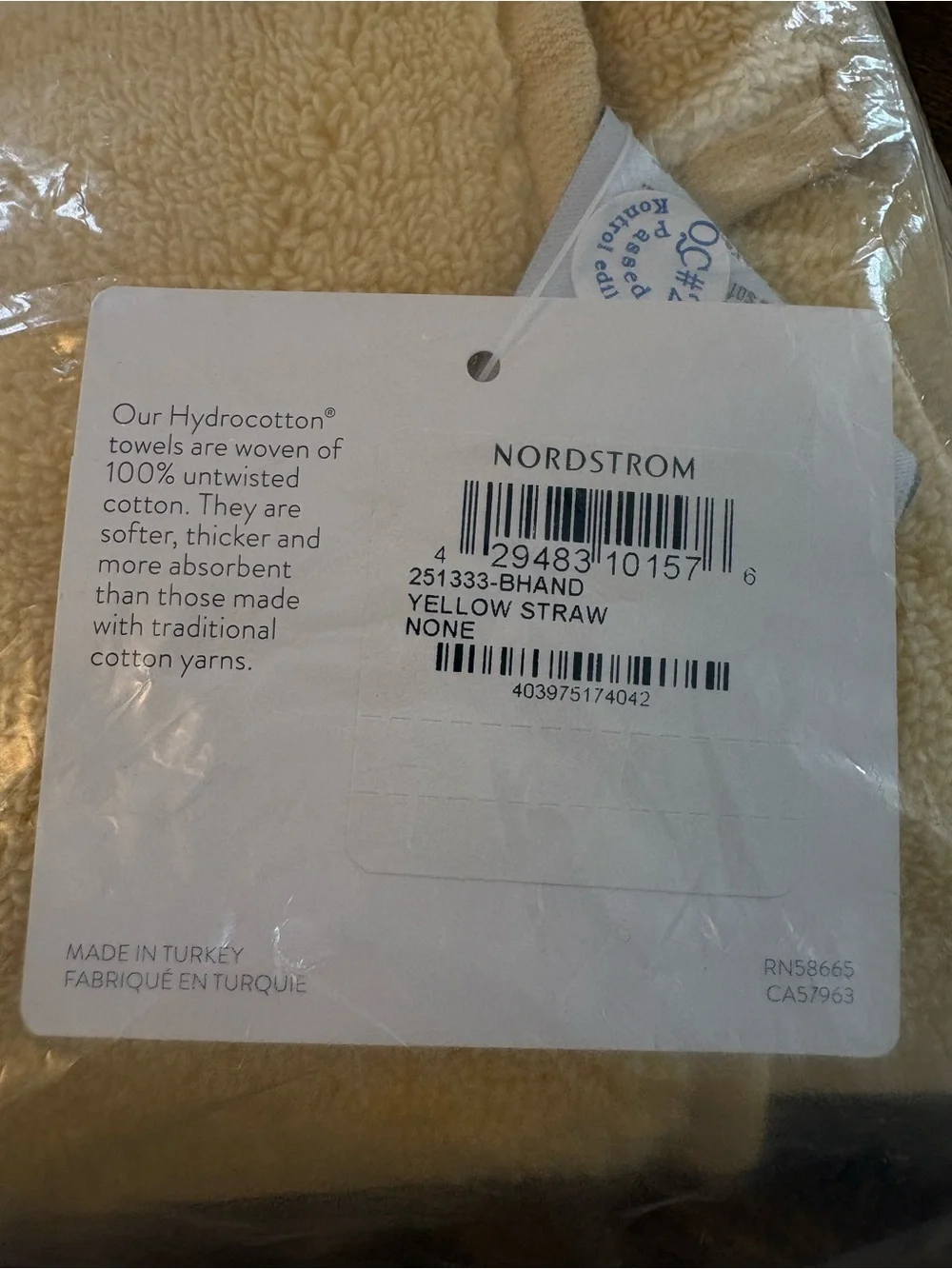 NWT Nordstrom Organic Hydrocotton Hand Towel Yellow Straw